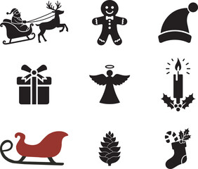 Christmas Icon Set – Vector Silhouettes of Santa, Gifts, Angels, Candles, and Holiday Decorations