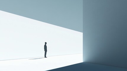 A silhouette of a man standing in a minimalist white room.