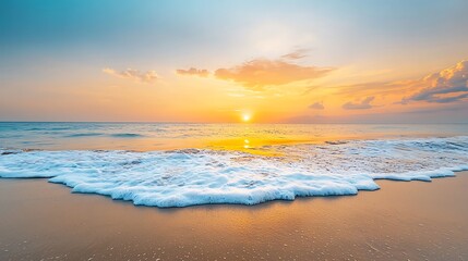 Obraz premium As the orange and pink hues painted the sky, the golden sun dipped below the horizon, casting a warm glow over the tranquil waves gently lapping against the sandy shore.
