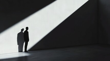A silhouette of a man standing in a minimalist white room.