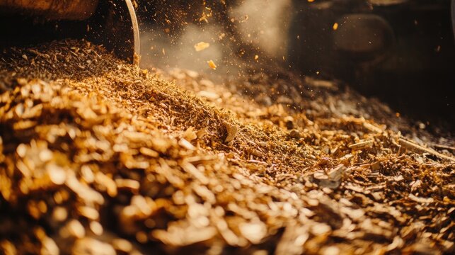 A close-up of biomass feedstock being prepared for energy conversion, with rich textures and colors of organic materials. The image highlights the raw materials used in biomass energy production,