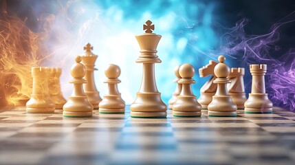 The chess board is illuminated by bright blue and purple neon lights, creating a vibrant and exciting atmosphere for intense strategic gameplay.