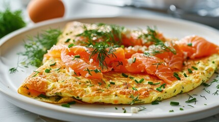 A fluffy and flavorful morning delight, featuring a beautifully presented breakfast omelette, loaded with smoked salmon, cream cheese, and fresh dill, beautifully presented on a white ceramic plate