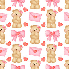 Watercolor valentine's day seamless pattern with cute bear.