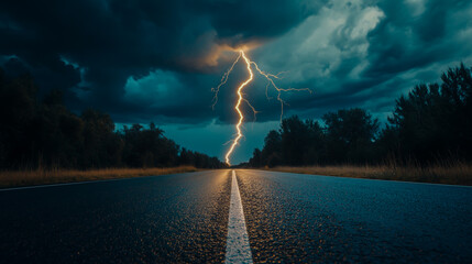 Lightning bolt striking an asphalt road during a storm, dramatic and powerful weather scene