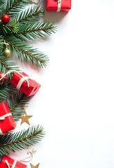 Christmas tree branches with red gift boxes and golden stars on a white background