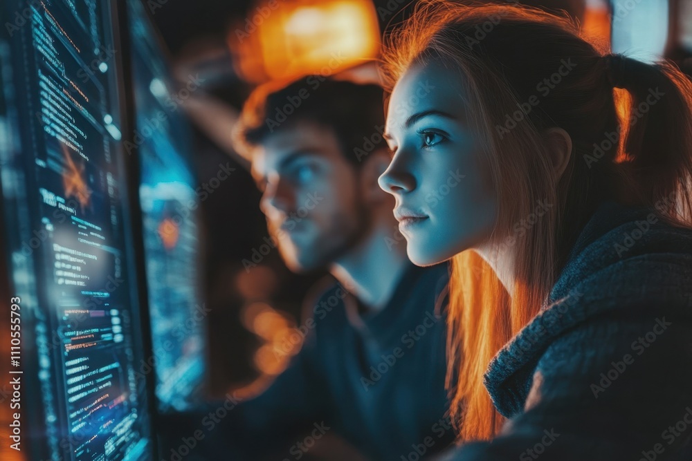 Poster young programmers focus on coding in a dimly lit tech workspace