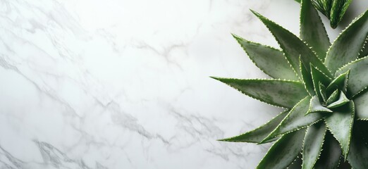 Aloe vera plant on marble background, vibrant green leaves, textured surface, natural beauty, minimalistic design, copy space for text