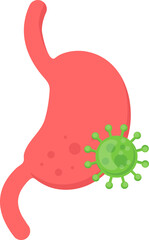 Stylized representation of a red human stomach with a green virus or bacterium attached to it.
