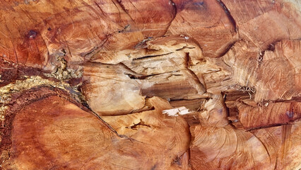 close-up of a wooden surface with natural patterns, including growth rings, cracks, and...