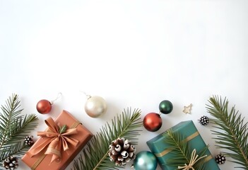 Christmas gifts , ornaments , and holiday decorations on a white background