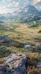 Naklejka premium Breathtaking alpine landscape with majestic snow capped peaks lush green meadows blanketed in vibrant wildflowers and a serene panoramic scenic vista over the rugged wilderness terrain