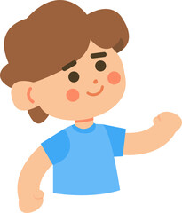 Cartoon illustration of a smiling child with brown hair, wearing a blue shirt, and raising one arm.
