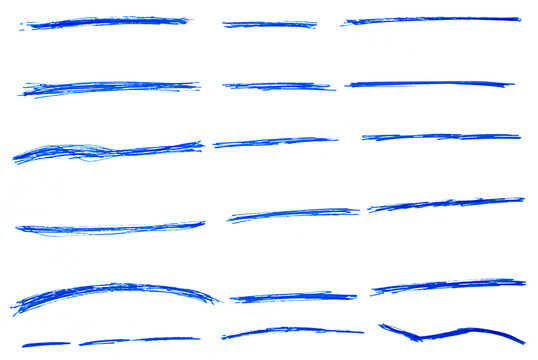 Set of blue hand drawn pen line design element, grunge strokes, doodle lines underline scribble