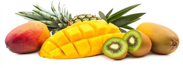 A selection of tropical fruits: mango, pineapple, and kiwi