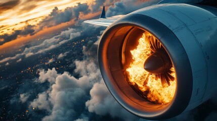 A powerful jet engine ignites against a backdrop of a breathtaking sunset. Swirling clouds and city lights below add to the captivating view, showcasing the intensity of flight