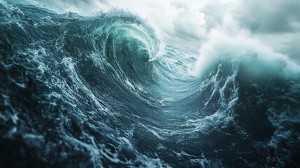 A large ocean wave rolls dramatically, capturing the energy of the sea. Dark clouds loom overhead, emphasizing the intensity of the moment at the shoreline