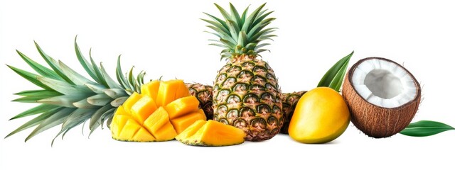 A selection of tropical fruits: pineapple, coconut, and mango