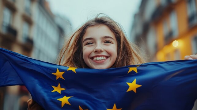 A joyful young girl stands in a bustling city street, proudly displaying the European Union flag. Her cheerful smile reflects the spirit of unity and diversity in Europe