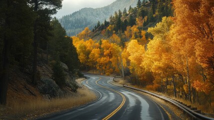 A winding road meanders through a striking landscape adorned with bright autumn leaves. Mountain peaks loom in the background while the peaceful forest creates a serene atmosphere