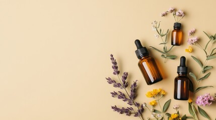 Three amber bottles containing essential oils are beautifully arranged with various herbs and flowers on a yellow background, creating a serene and aesthetically pleasing composition