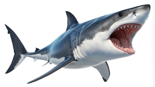 Great white shark predator in the ocean with wide open mouth, 3d render, white background.