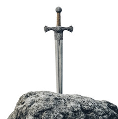 Ancient sword embedded in a rocky pedestal, cut out - stock png.