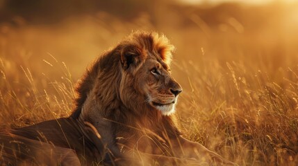 A majestic lion resting in the tall grass of the African savannah, with the golden light of the...