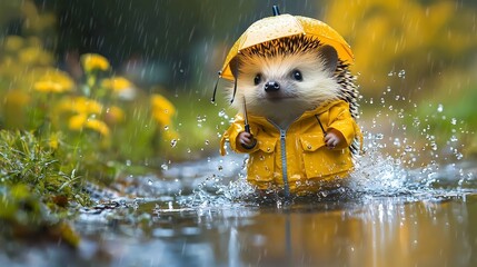Adorable Hedgehog in Raincoat Splashing in Puddle with Tiny Umbrella