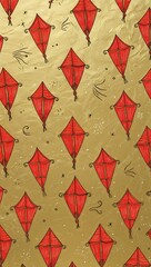 Red Kite pattern hand drawn design on Gold background illustration