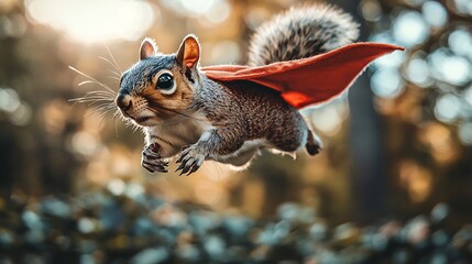 Fototapeta premium Squirrel in Superhero Costume Leaping Between Trees with Tiny Cape
