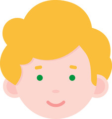 Stylized cartoon face with light skin, green eyes, short curly yellow hair, and a slight smile.
