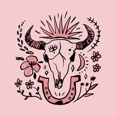 Bohemian groovy postmodern funky pink cowgirl funky groovy cowboy bundle lucky horseshoe label, floral boho hippie bull skull sketch illustration. Digital sticker, wild west cartoon doodles, tribal