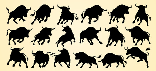 Dynamic silhouettes of bulls in various powerful and aggressive stances, showcasing strength.