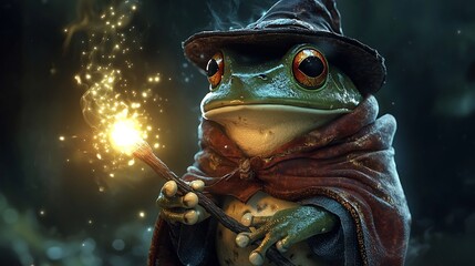 Obraz premium Frog Wizard Casting Magical Spells with Glowing Staff in Enchanted Forest