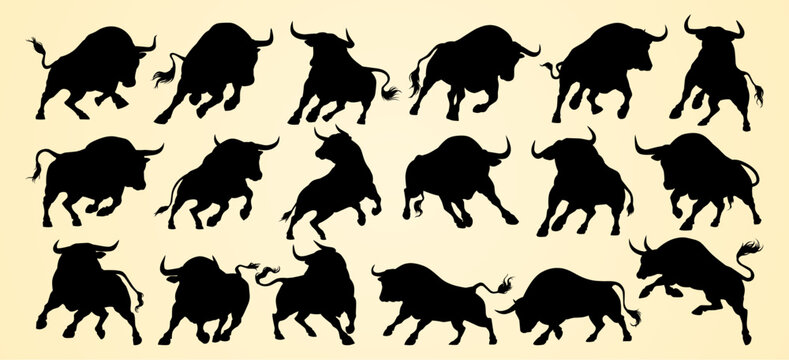 Dynamic silhouettes of bulls in various powerful and aggressive stances, showcasing strength.