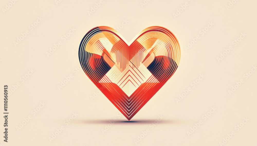 Wall mural red heart shape emerging from concentric lines and geometric shapes