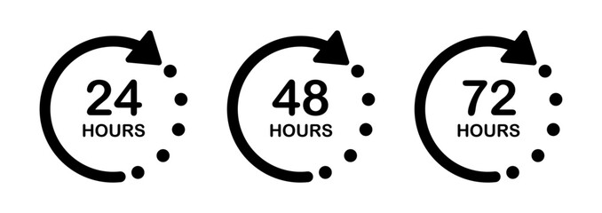 24, 48 and 72 hours clock icon for working time and delivery time vector illustration on white background. execution time. shipping time. opening.