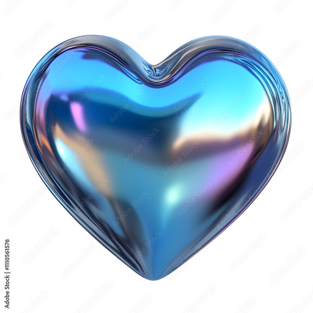 Poster gleaming metallic blue heart with shimmering reflections against a transparent backdrop, perfect for