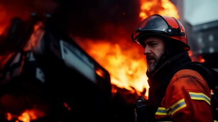 Close-up of a firefighter in full gear standing in front of raging flames, exuding determination and bravery in a chaotic scene