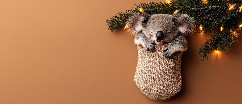 A adorable animal Christmas themed, A koala peacefully sleeps in a festive stocking, adorned with holiday lights, against a warm, earthy backdrop.