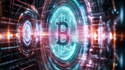 A cutting-edge holographic Bitcoin wallet interface projected in a high-tech environment, surrounded by glowing cryptocurrency symbols, featuring vivid neon hues and a futuristic aesthetic