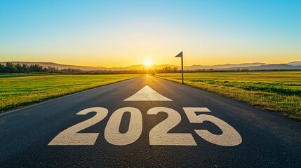A straight asphalt road with "2025" written on it leads toward a glowing sunrise, a metaphor for new paths and endless possibilities