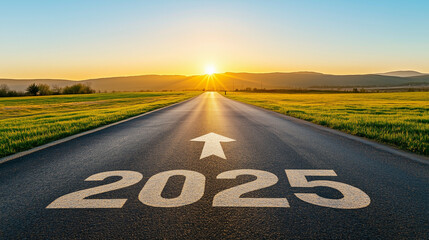 The year "2025" is marked on a road leading into the horizon, illuminated by a golden sunrise, symbolizing hope and forward-thinking