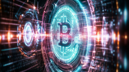 A futuristic projection of a Bitcoin wallet interface with illuminated cryptocurrency icons hovering around, set against a vibrant, neon-colored backdrop