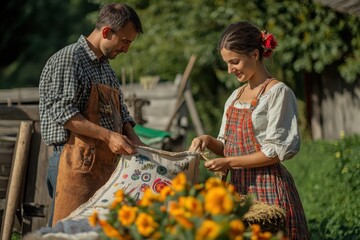 Couple engaged in textile creation at a rural location during sunny afternoon