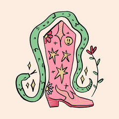 Bohemian groovy postmodern funky cowgirl patterned boot with snake, funky groovy hippie cowboy concept fashion shoes. Vector illustration clipart isolated glamour boot on background , 2025 New Year