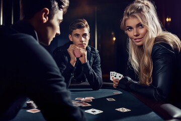 Group of young adults playing cards in an illuminated casino environment at night