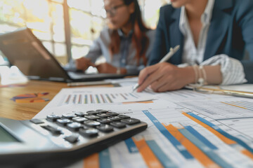 Business team meeting using chart calculator and analyzing business strategy financial statistics.