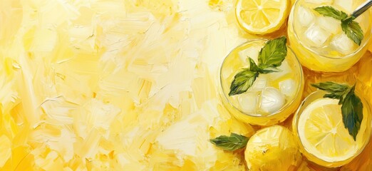 Lemonade drinks with mint leaves, bright yellow background, fresh lemons, ice cubes, vibrant colors, copy space for text